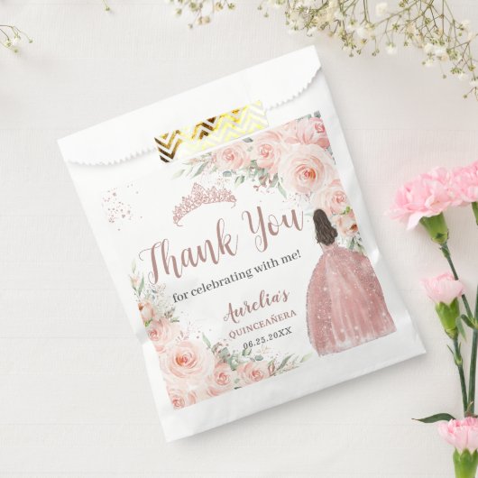 Quinceanera 16 Roze Bloem Roze Goud Prinses Bedankzakje (Gezegeld)