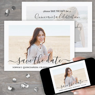 Quinceañera 2 Foto Elegant Script 15e verjaardag Save The Date