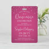 Quinceañera 3 Fotocollage Elegant Fuschia Roze Save The Date (Staand voorkant)