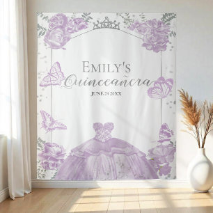 Quinceanera Achtergrond Lavendel Jurk Bloemen Zilv Wandkleed