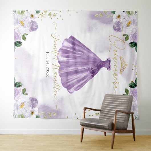 Quinceanera Achtergrond Paarse Bloem Jurk Wandkleed (In Situ (horizontaal))