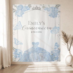 Quinceanera Achtergrond Stoffig Blauw Jurk Vlinder Wandkleed