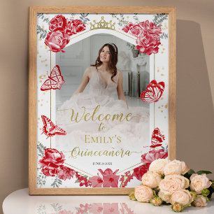Quinceanera Affiche de bienvenue photo Rouge Flora