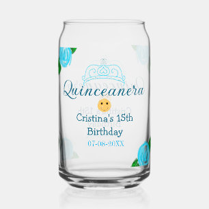 Quinceanera anos 15e verjaardag blauw roos kroonku blikvorm glas