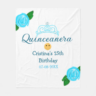 Quinceanera anos 15e verjaardag blauw roos kroonku fleece deken