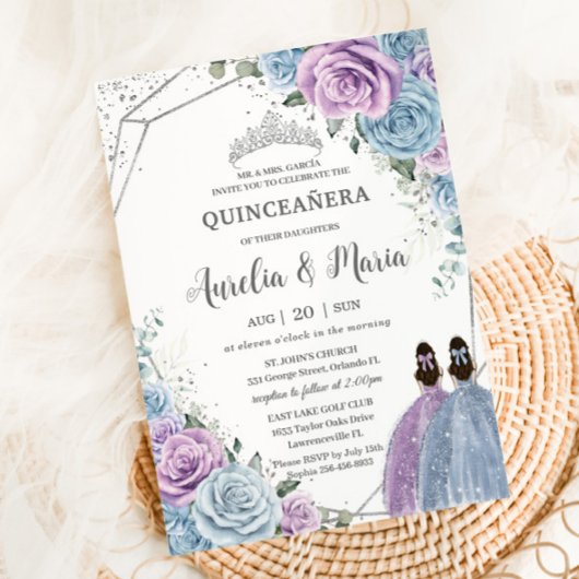 Quinceañera Baby Blau Paars Lilac Bloem Twins Kaart