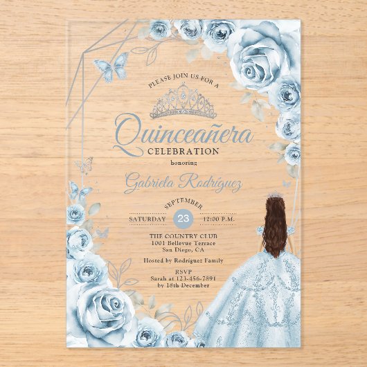 Quinceanera Baby Blauw Jurk Bloemen Zilver Acryl Uitnodigingen (Voorkant)