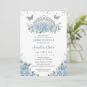 Quinceañera Baby Blauwe Rozen Bloemen Zilveren Kro Kaart (Staand voorkant)