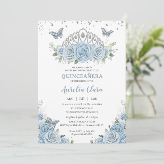 Quinceañera Baby Blauwe Rozen Bloemen Zilveren Kro Kaart (Staand voorkant)
