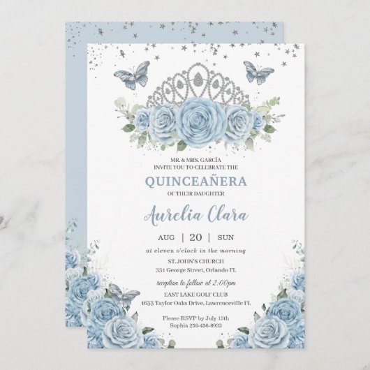 Quinceañera Baby Blauwe Rozen Bloemen Zilveren Kro Kaart (Voorkant / Achterkant)