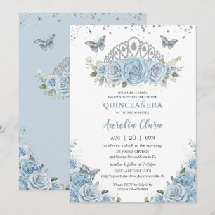 Quinceañera Baby Blauwe Rozen Bloemen Zilveren Kro Kaart