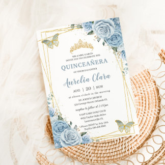 Quinceañera Baby Blue Floral Gold Butterflies 16e Kaart