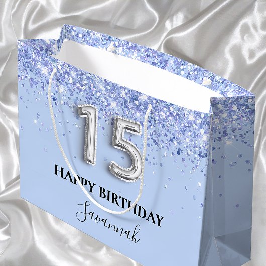 Quinceanera baby blue glitter name groot cadeauzakje