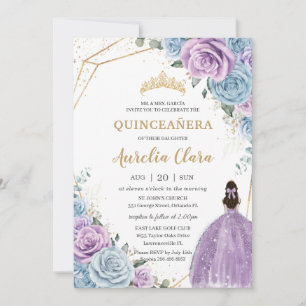 Quinceañera Baby Blue Paars Lila Floral Gold Kaart