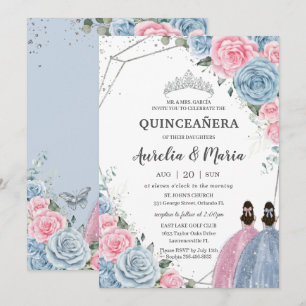 Quinceañera Baby Blue Pink Floral Twins Silver Kaart