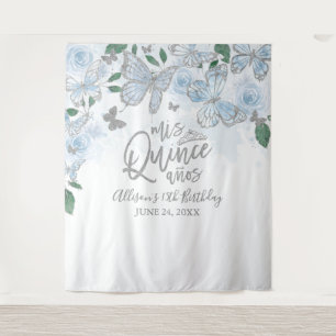 Quinceanera Baby Blue Vlinders Bloemen Achtergrond Wandkleed