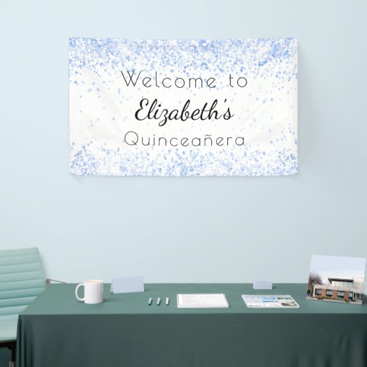 Quinceanera babyblauw wit glitsstof welkom spandoek (Beurs)