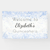 Quinceanera babyblauw wit glitsstof welkom spandoek (Horizontaal)