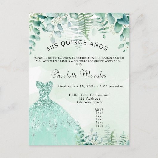 Quinceanera betoverde bosfernejurk uitnodiging briefkaart (Voorkant)