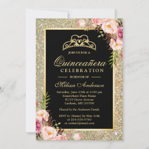 Quinceanera Birthday Floral Gold Glitter Sparkles Kaart