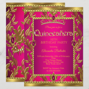 Quinceanera Birthday Hot Pink Jewel Tiara Gold Kaart