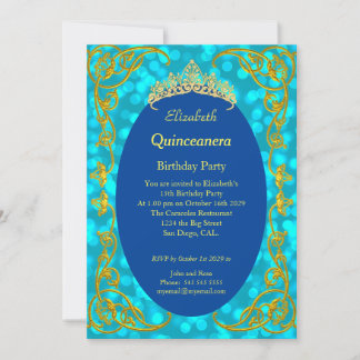 Quinceanera Birthday Party Blauwgroen Gold Invitat Kaart