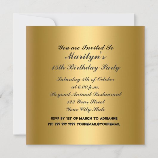 Quinceanera Birthday Party Gold Kaart (Achterkant)