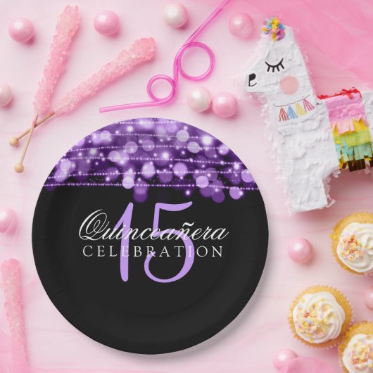 Quinceanera Birthday Party Sparkles Paars Papieren Bordje (Feest)