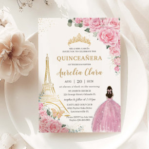 Quinceañera Birthday Pink Floral Paris Eiffel Gold Kaart