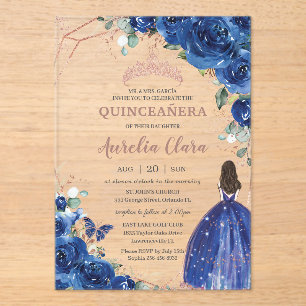 Quinceañera Birthday Royal Blue Floral Princess Acryl Uitnodigingen