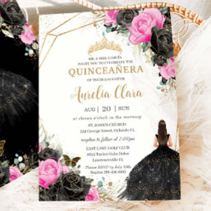 Quinceañera Black Dress Fuchsia Floral Princess Kaart