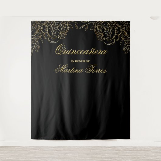 Quinceanera Black en Gold Photo Booth Backdrop Wandkleed (Voorkant)