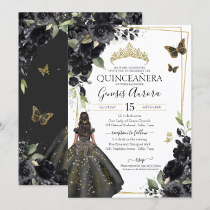 Quinceañera Black Floral Gold Butterfly Dress Kaart