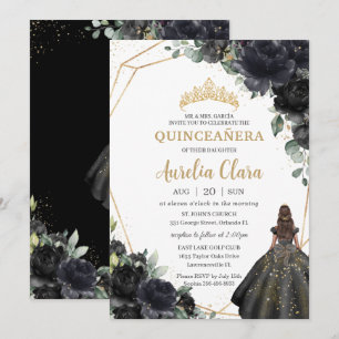 Quinceañera Black Floral Rozen Princess Gold Crown Kaart