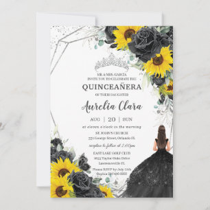 Quinceañera Black Floral Rozen Sunflower Silver Kaart