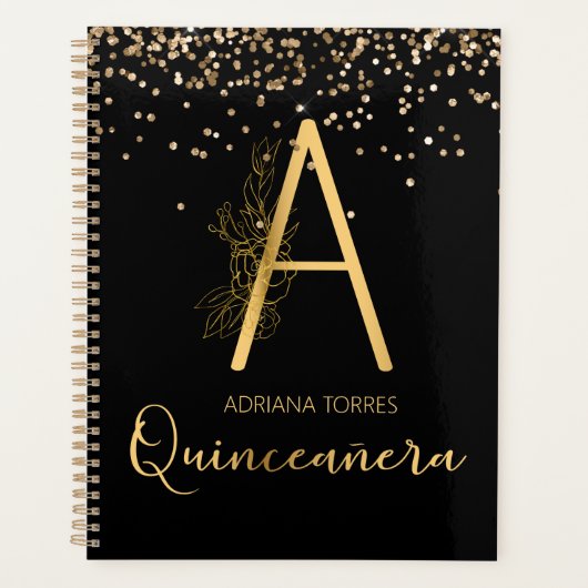 Quinceanera Black Gold A Monogram Carnet Planner (Devant)
