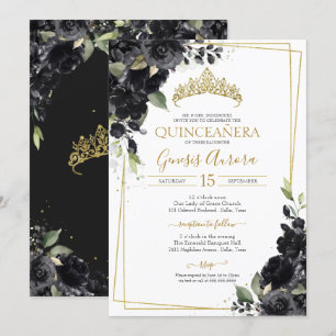 Quinceañera Black & Gold Elegant Waterverf Floral Kaart