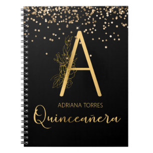 Quinceanera Black Gold Floral A Monogram Notitiebo Notitieboek