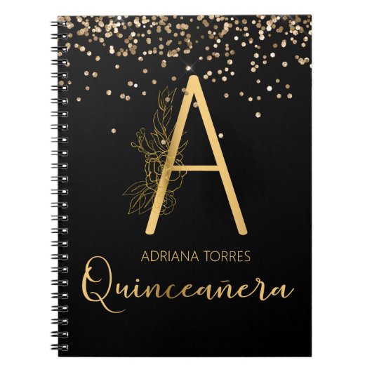 Quinceanera Black Gold Floral A Monogramme Carnet (Devant)
