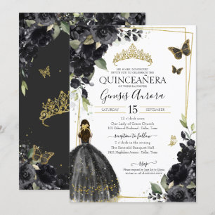 Quinceañera Black Gold Flowers Quince Dress Kaart