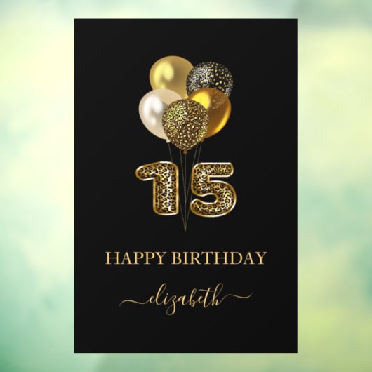 Quinceanera black gold leopard name script raamsticker (Vel 3)