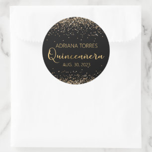Quinceanera Black Gold Photo Favor Round Sticker