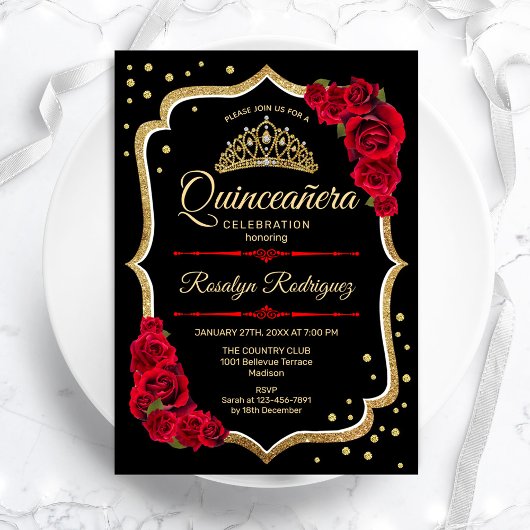 Quinceanera - Black Red Gold Kaart