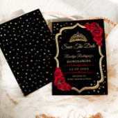 Quinceanera - Black Red Gold Save The Date