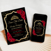 Quinceanera - Black Red Gold Save The Date
