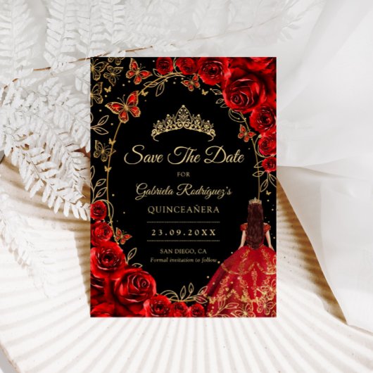 Quinceanera Black Red Gold Save The Date