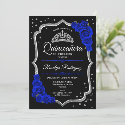 Quinceanera - Black Silver Royal Blue Kaart (Staand voorkant)