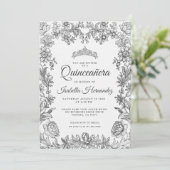 Quinceanera Black White Floral Invitation (Debout devant)