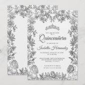 Quinceanera Black White Floral Invitation (Devant / Derrière)
