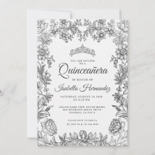 Quinceanera Black White Floral Invitation Kaart